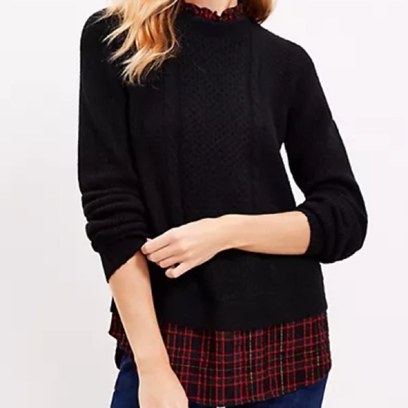Loft Black red green gold Plaid Layered Mixed Media Cable Sweater keyhole size L - Picture 5 of 12